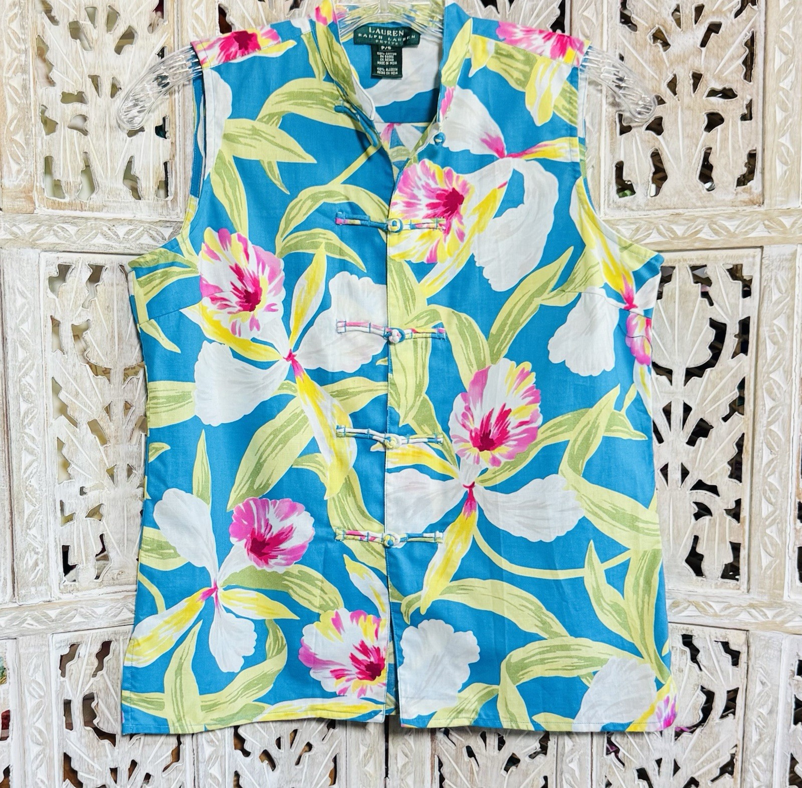 Ralph Lauren Asian Toggle Sleeveless Top Womens SZ Petite S Pink Turq Floral
