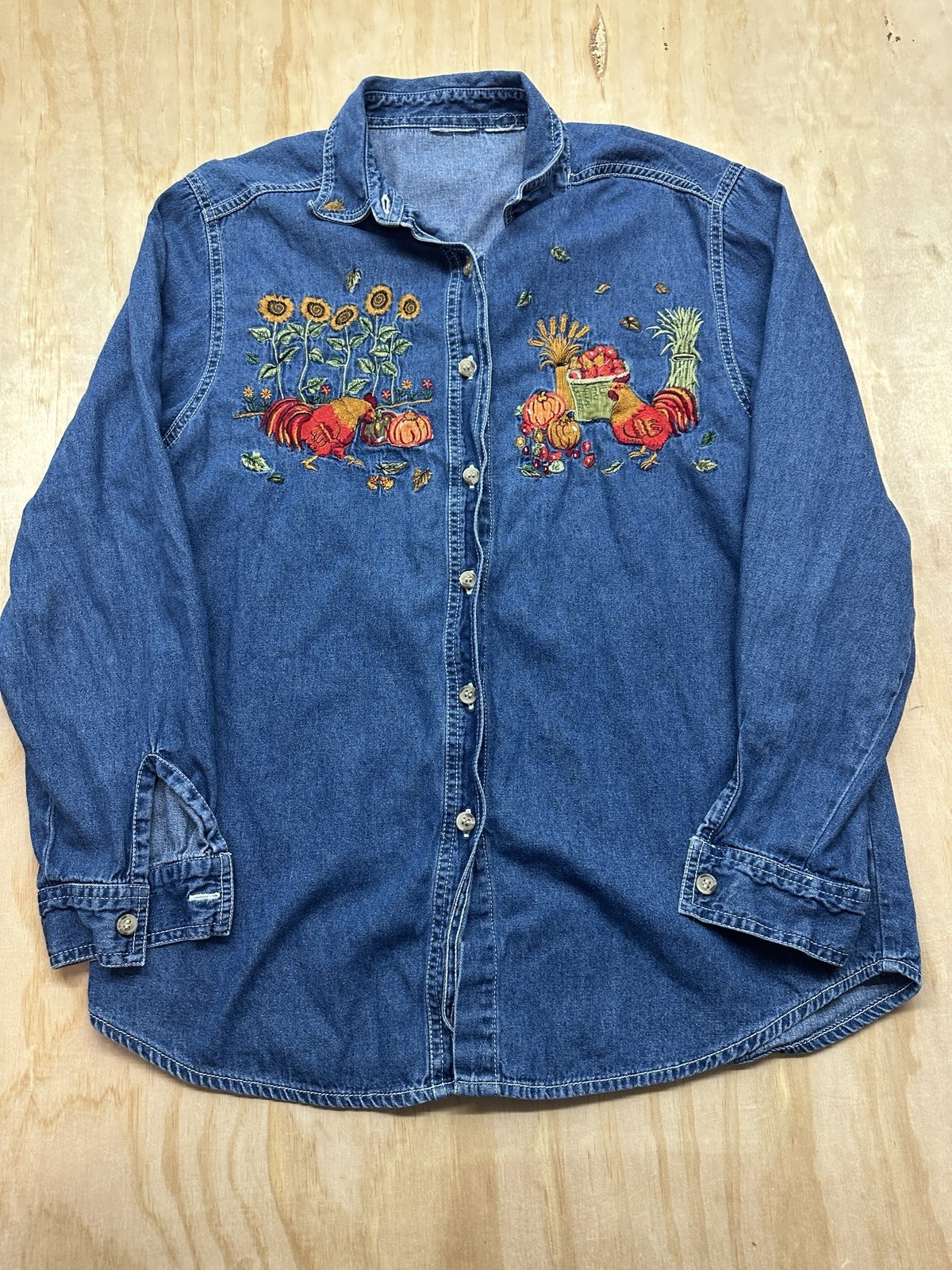 Embroidered Fall Pumpkin Denim Shirt Women’s No Size Tag L Thanksgiving Harvest