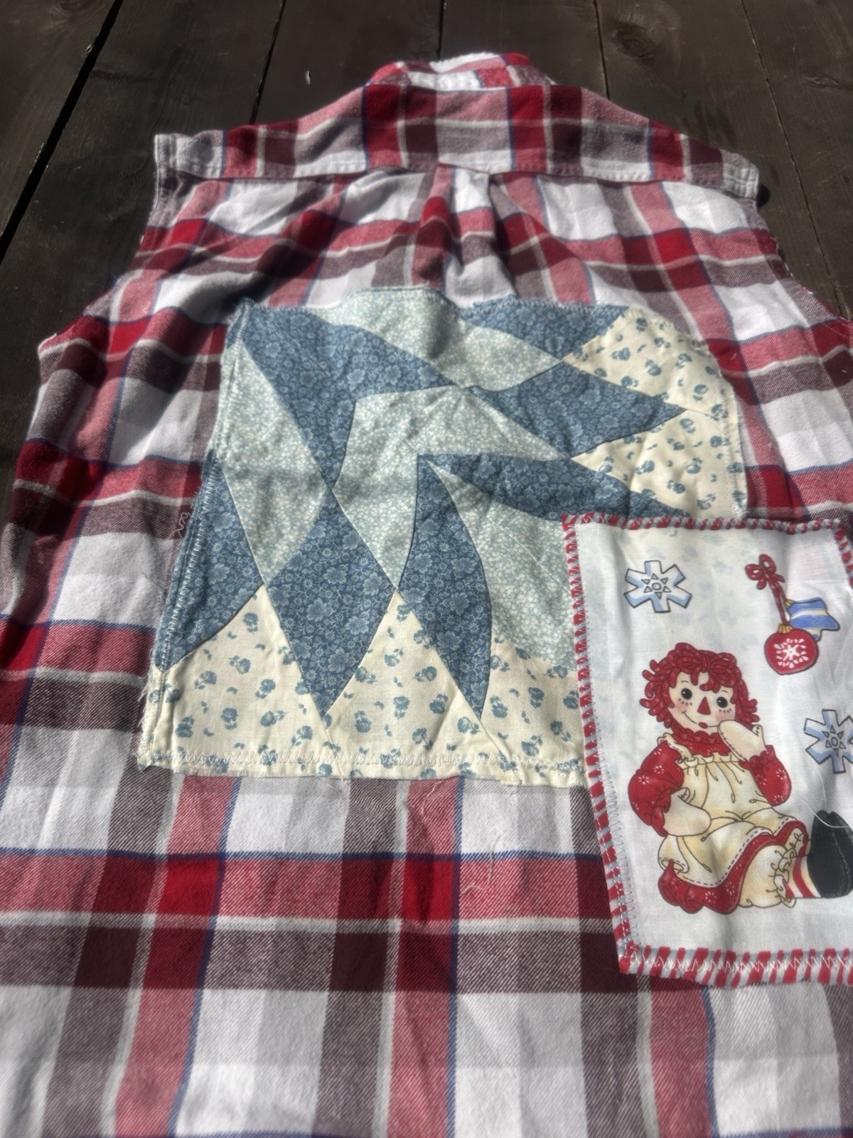 Upcycled Flannel Sleeveless Women M Red Cottagecore Raggedy Ann Pocket Quilt
