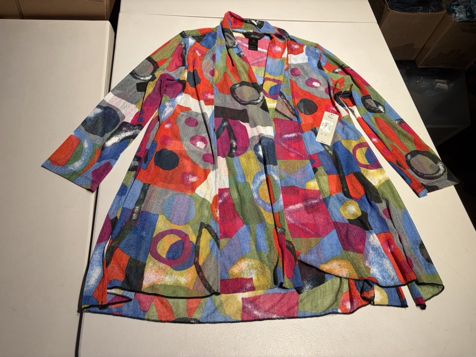 New Ali Miles Top Medium Geometric Artsy Sweater Printed Onion Knit Jacket Poly