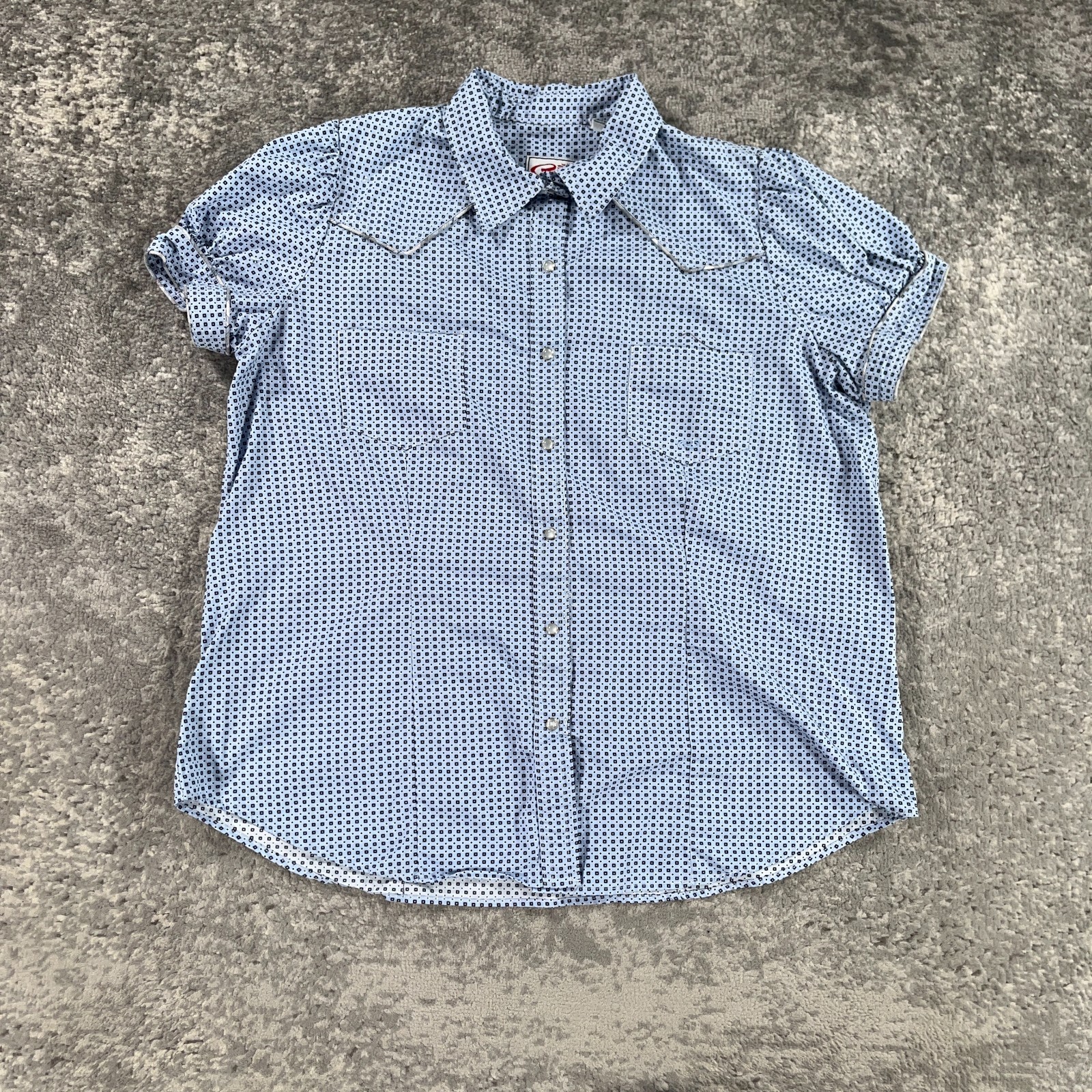 Roper Western Shirt Womens 1X Blue Geometric Print Pearl Snap Puff Sleeve Rodeo