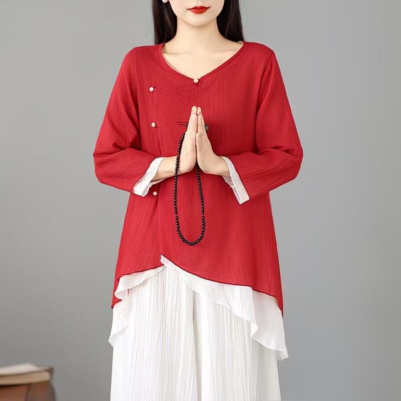 Chinese Style Womens Tang Zhuang Casual Blouse Loose Tops Long Sleeve Shirts