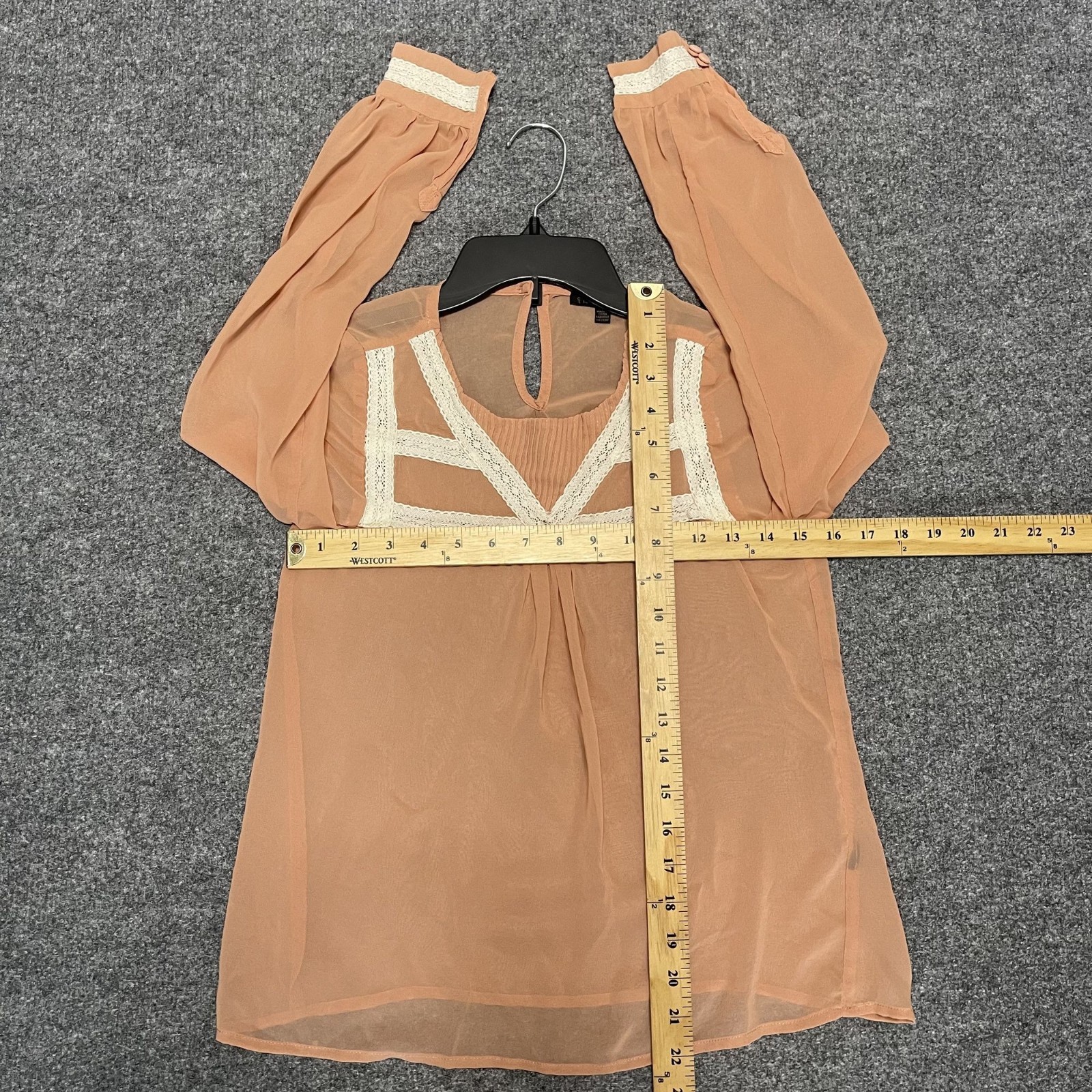 Lucca Couture XS Sheer Peach Long Sleeve Blouse White Lace Trim Keyhole Back