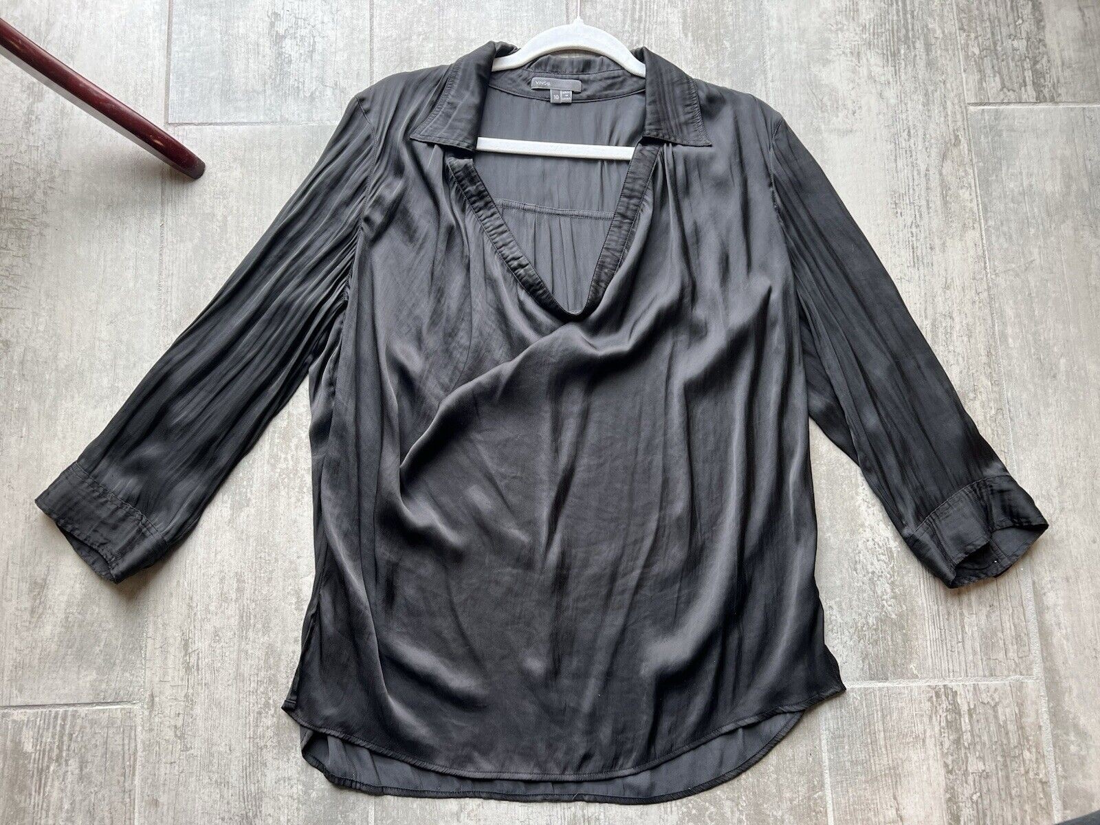 $235 VINCE Cowl Neck Satin Draped Blouse Black Roll Tab Sleeve Designer Top 10