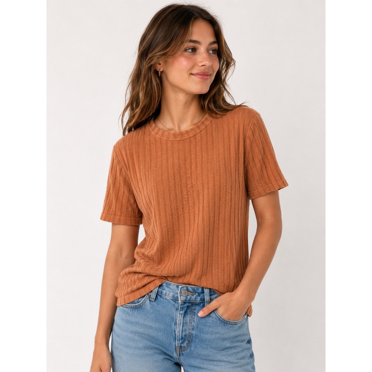Abound Shirt Womens XL Brown Ribbed Crew Neck Short Sleeve Knit Stretch Top