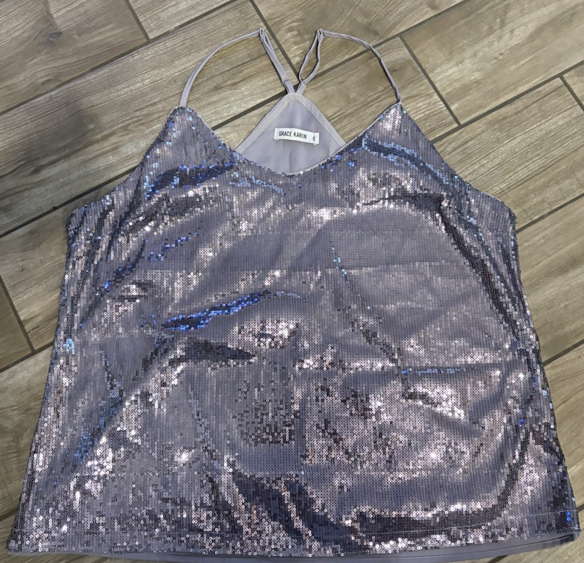 GRACE KARIN Women’s 2X Silver Sparkle Shimmer Sequin Camisole Tank Top – V
