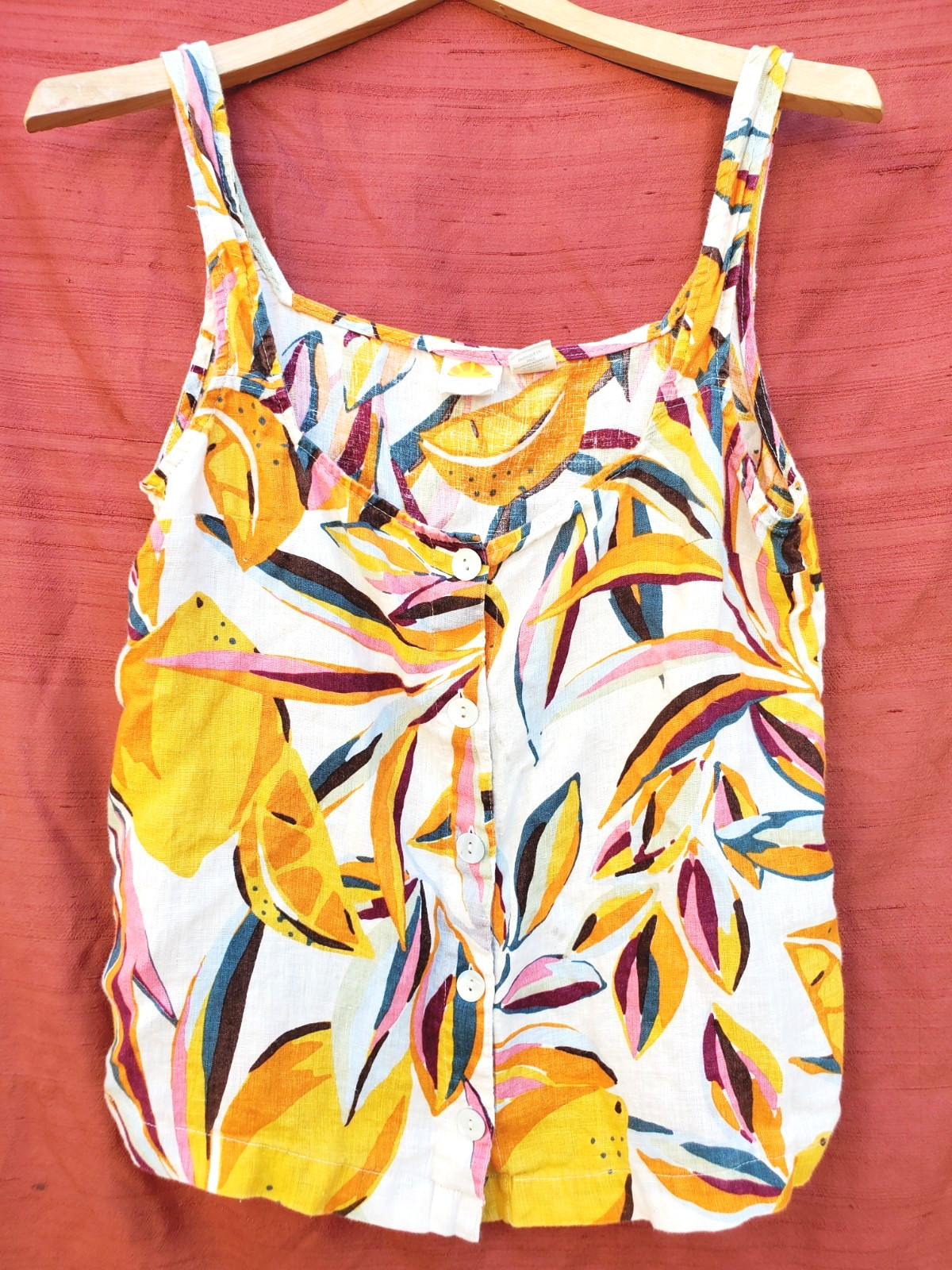 C&C California Sz M Boho Linen Tank Top Botanical Print Floral Lemons Button Up