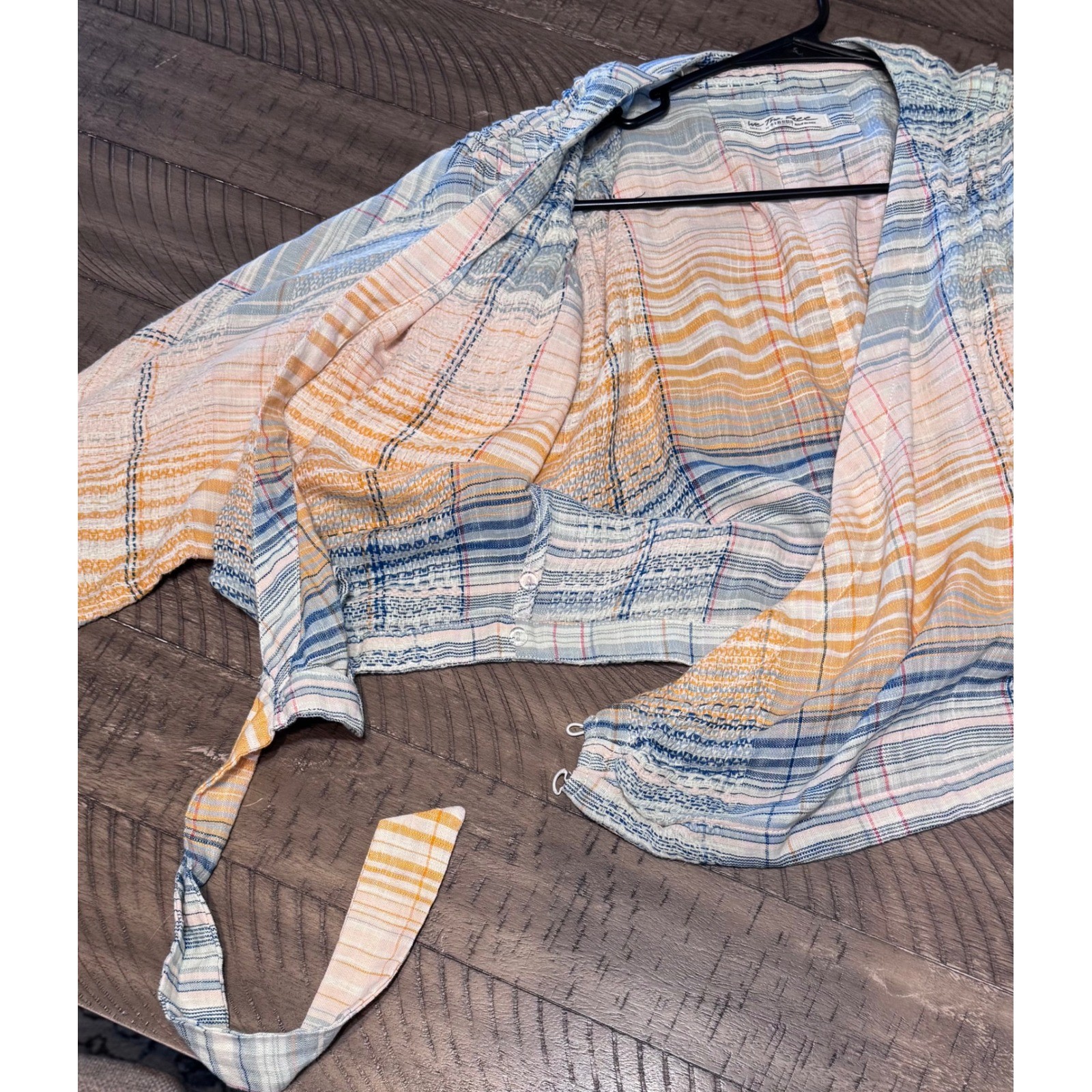 We The Free People Plaid Wrap Top Orange Blue Long Sleeve V-Neck Blouse Small