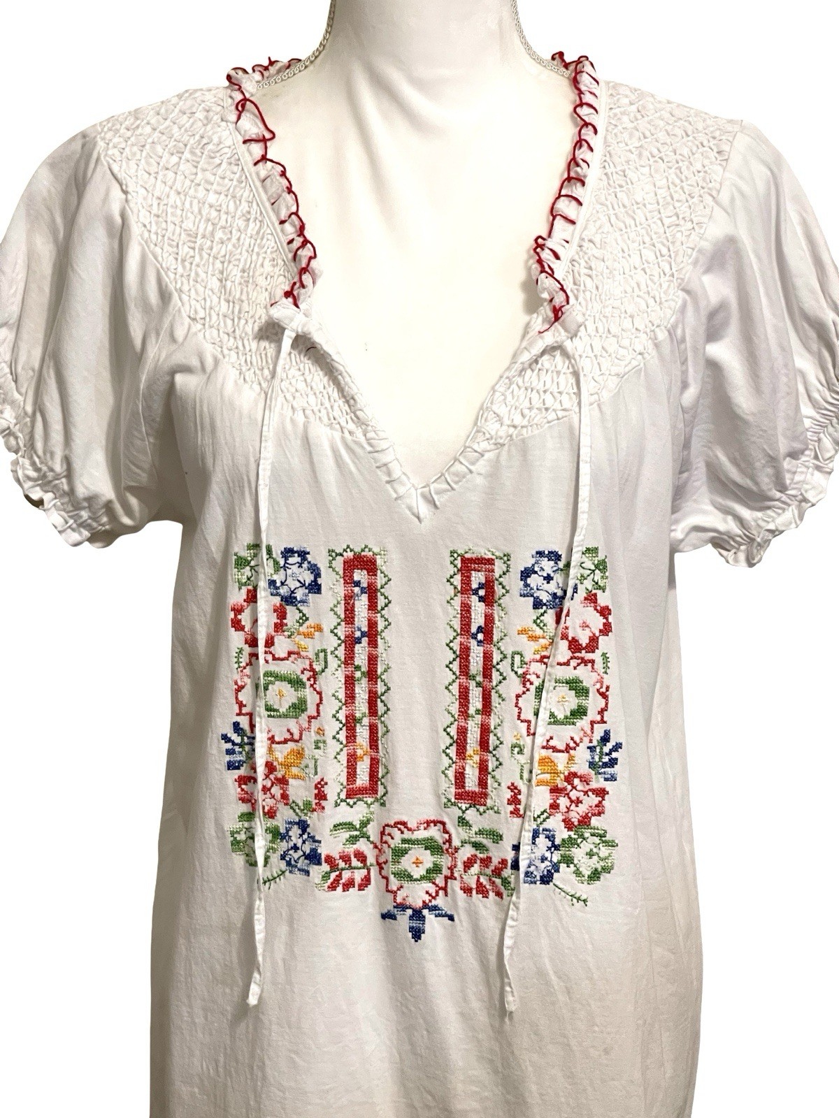 SAHALIE White Embroidered 100% Cotton Boho Peasant Blouse Women’s Size L