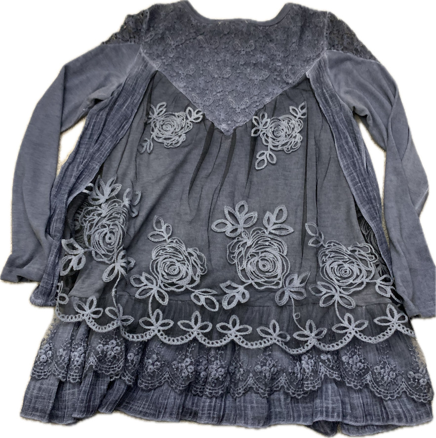 Feratelli Boho Grunge Peasant Embroidered Blue Lace Layered Tunic Top NWOT Small