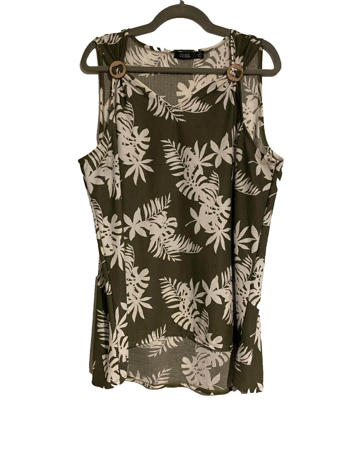 Cure Women’s 1XL Tunic Shell Green Leaf Print Sleeveless Top City Preppy Layer