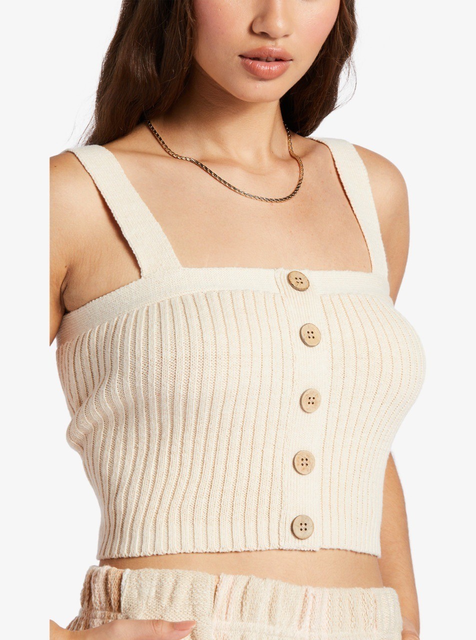 ROXY In Afternoon Crop Tank Top Sz L Tan Ribbed Button Down Cotton Acrylic Knit