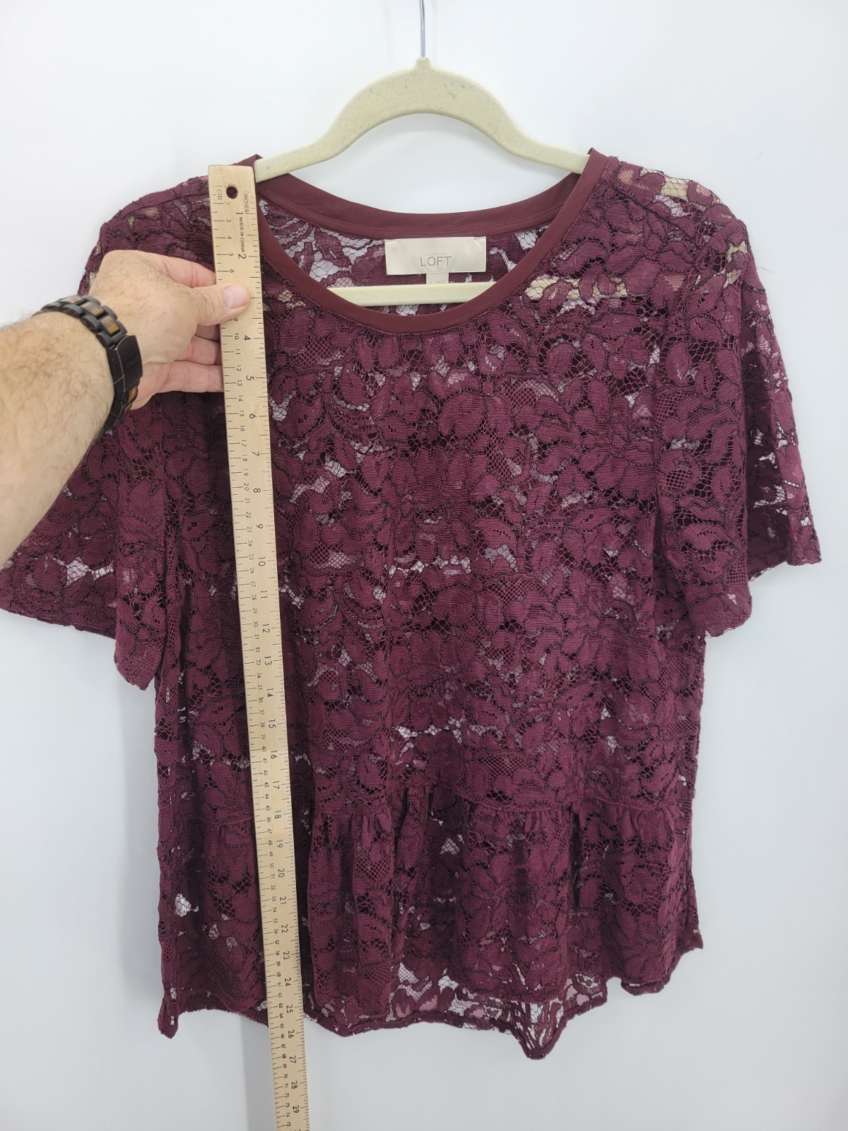 Loft Top Womens Large Maroon Lace Sheer Short Sleeve Scoop Neck Elegant Dressy