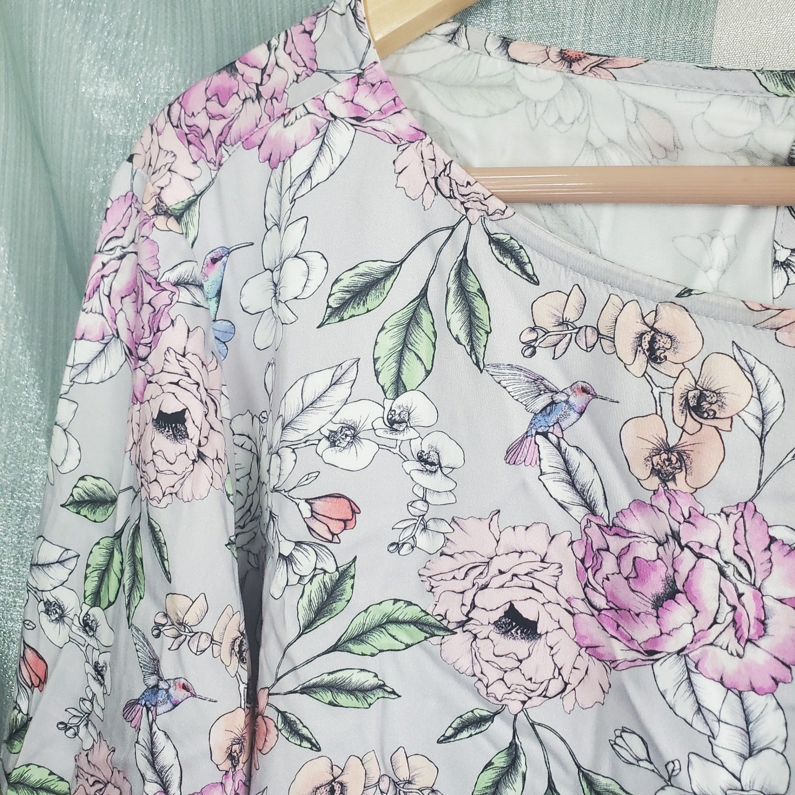 J. Jill Womens XL Floral Hummingbird Viscose Blouse Gray Pink Long Sleeve Top