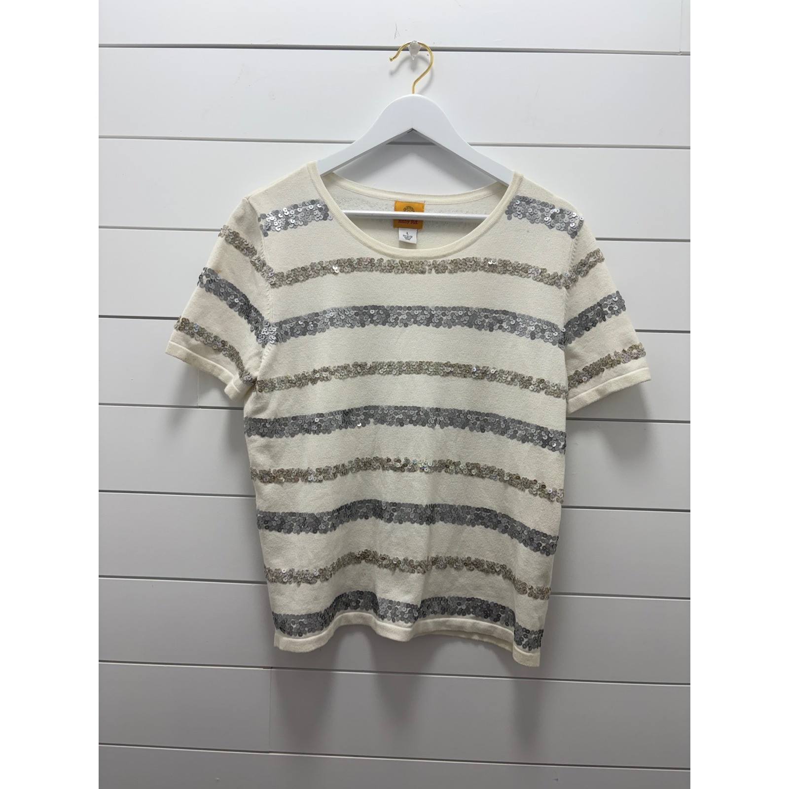 Ruby Rd. T-Shirt Women Large White Striped Sequin Short Sleeve Round Neck Top