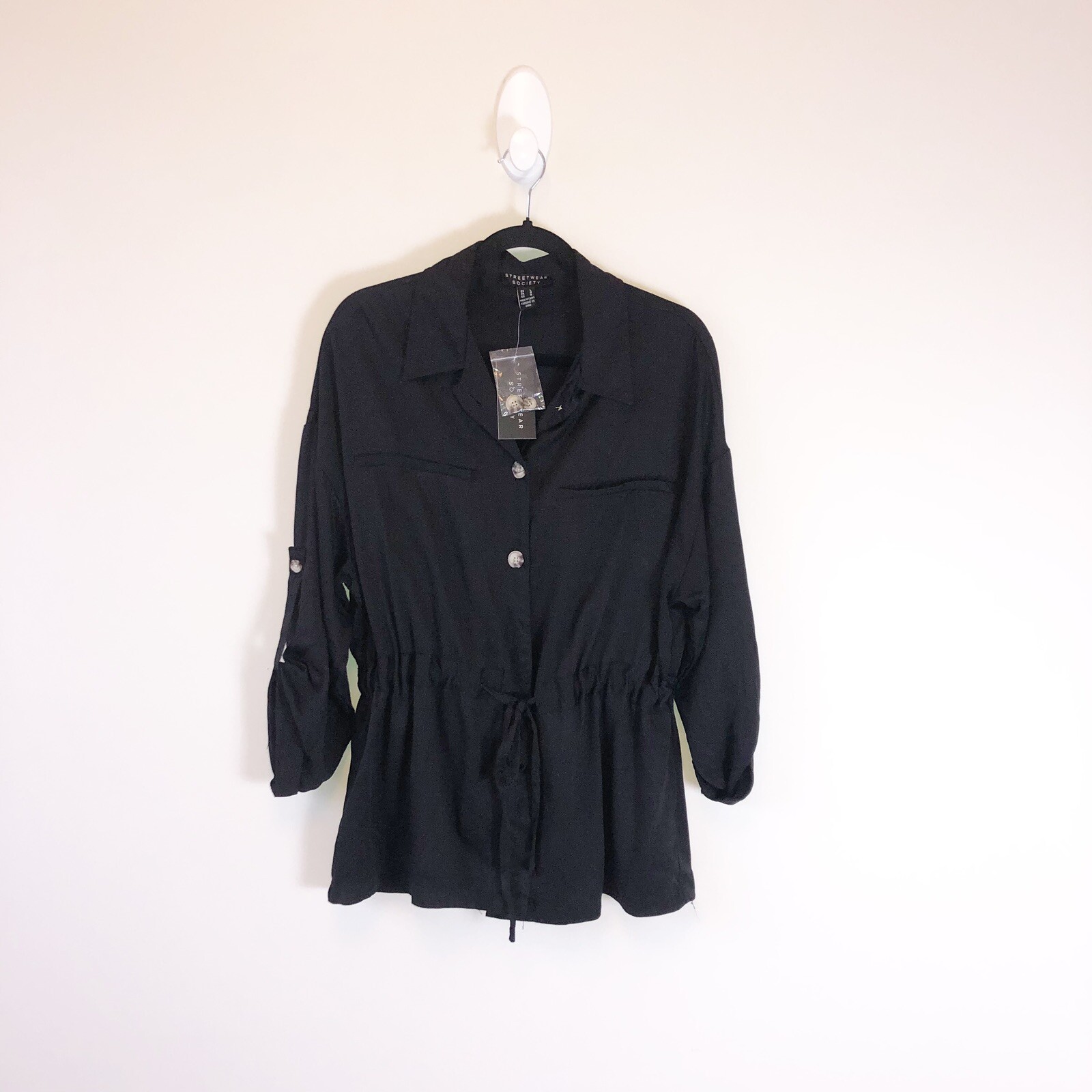 Streetwear Society Button Down Tunic Top Cinch Waist Black Women’s Large NWT’s