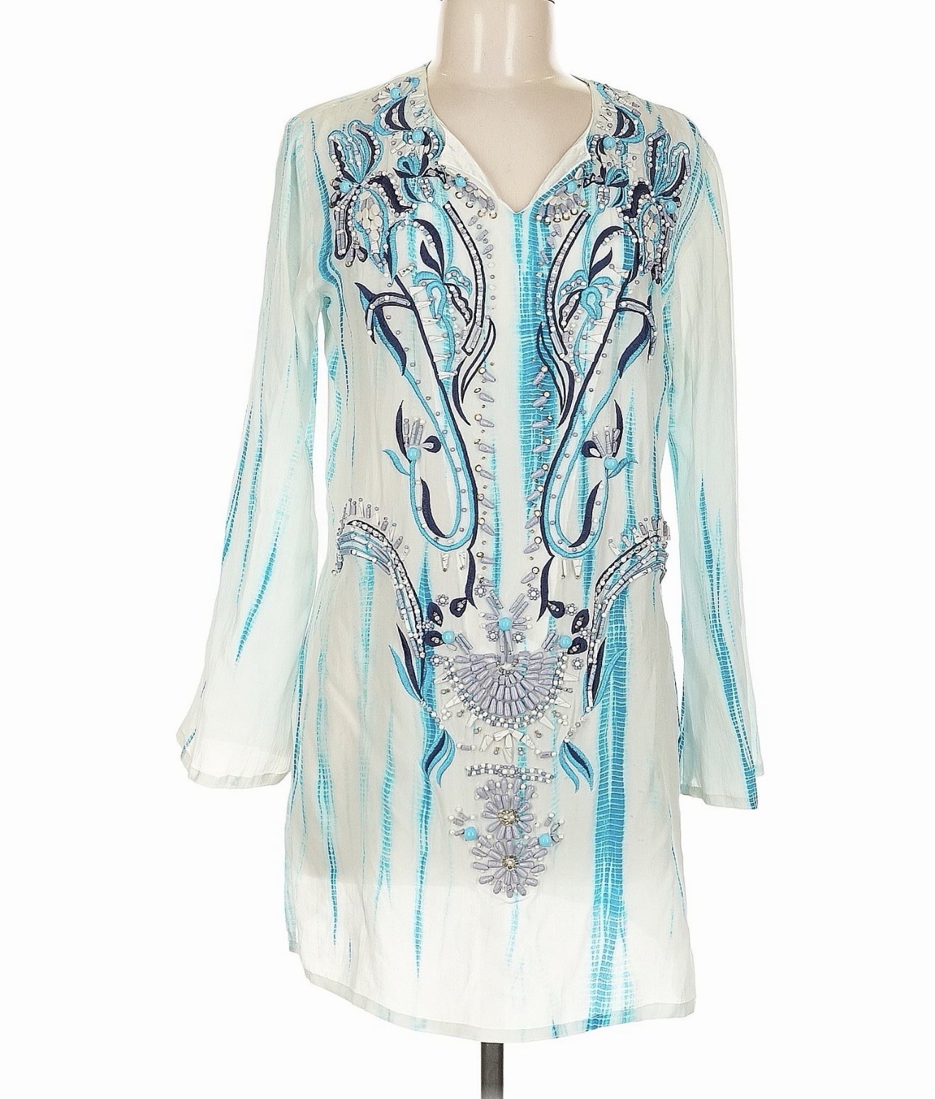 Kareena’s 100% Silk Embellished Tunic Top Boho Luxe Coastal Chic Med