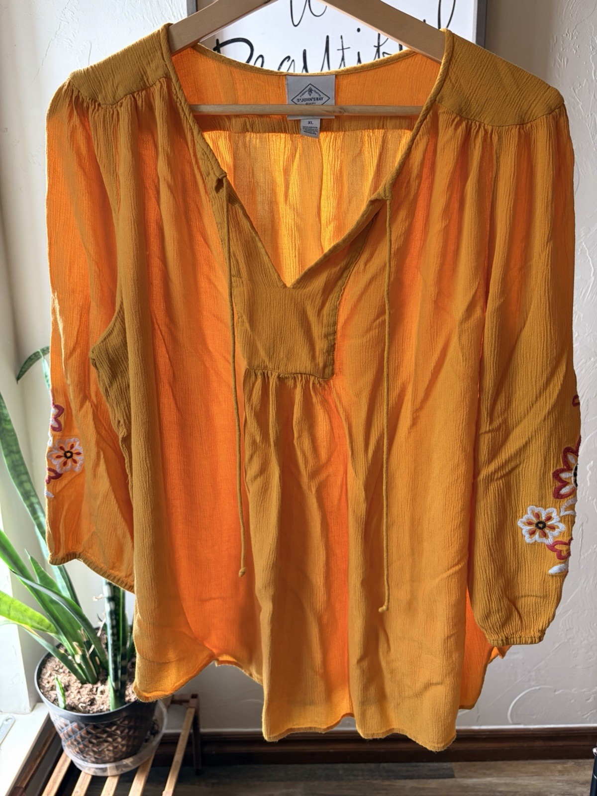 St John’s Bay Women’s Embroidered Sleeve Top Mustard Yellow, Peasant Boho Style