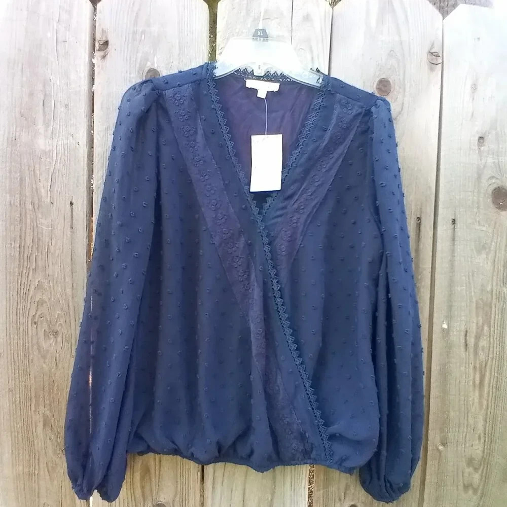 Ee: Some Blouse Women Oversize S Blue Pullover Long Sleeve Elastic Waist Wrap