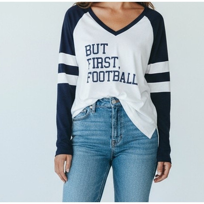 Sweet Claire Small NWT Shirt “But First Football” Long Sleeve Hi Low V Neck