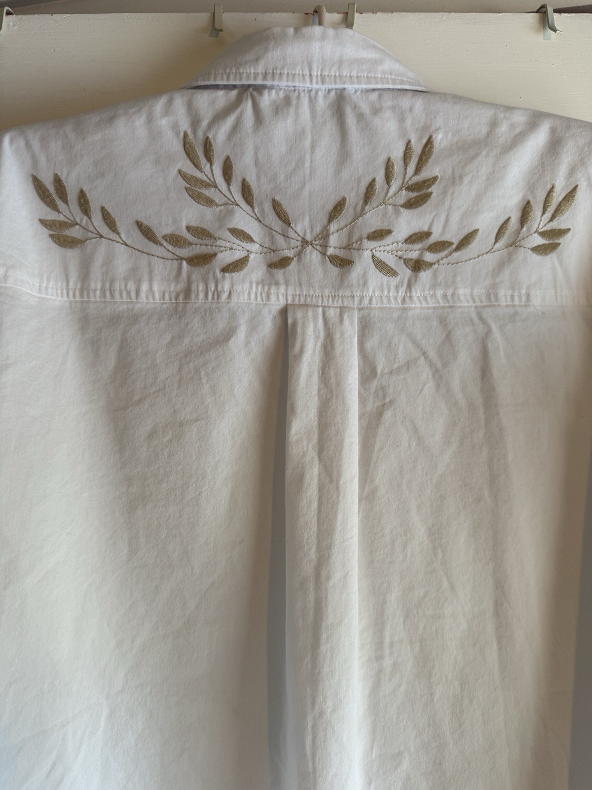 Sigrid Olsen Signature White Button Down Shirt 10 Tan Embroidery Western Boho
