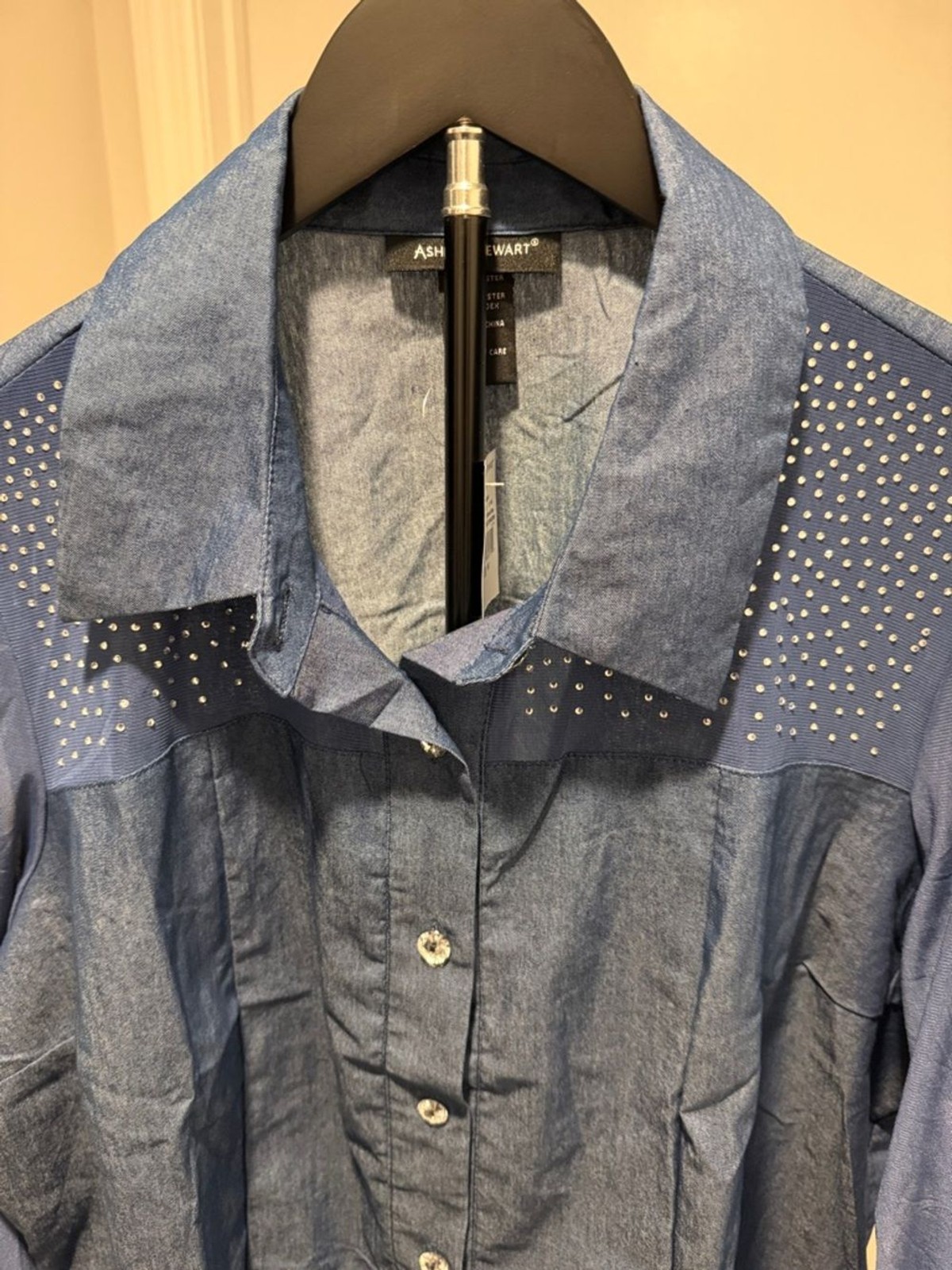 Ashley Stewart Navy Button-Down Shirt with Studded Yoke