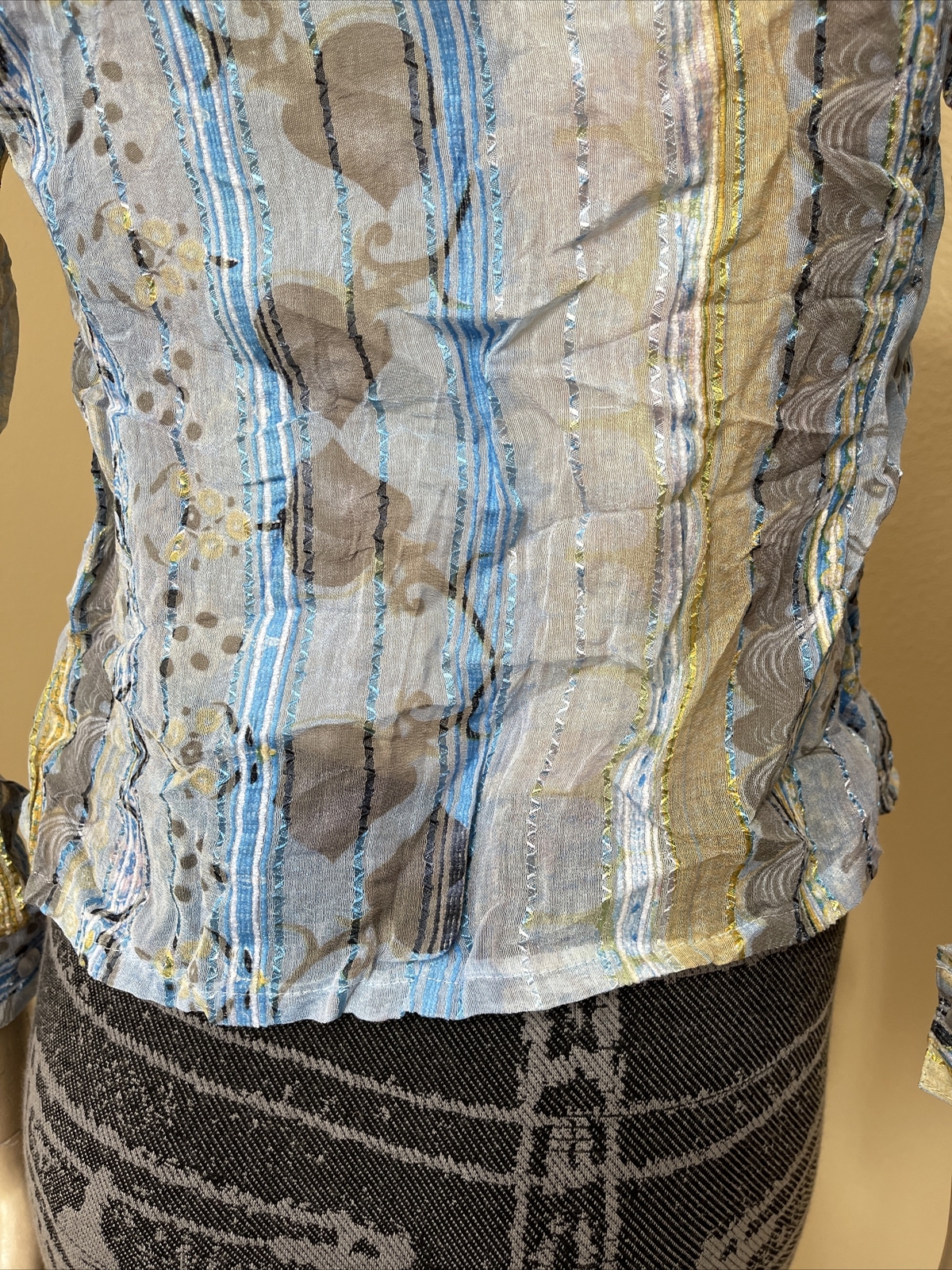 Women’s Light Blue Floral Polyester Casual Strip Pleat Size S Button Blouse Top