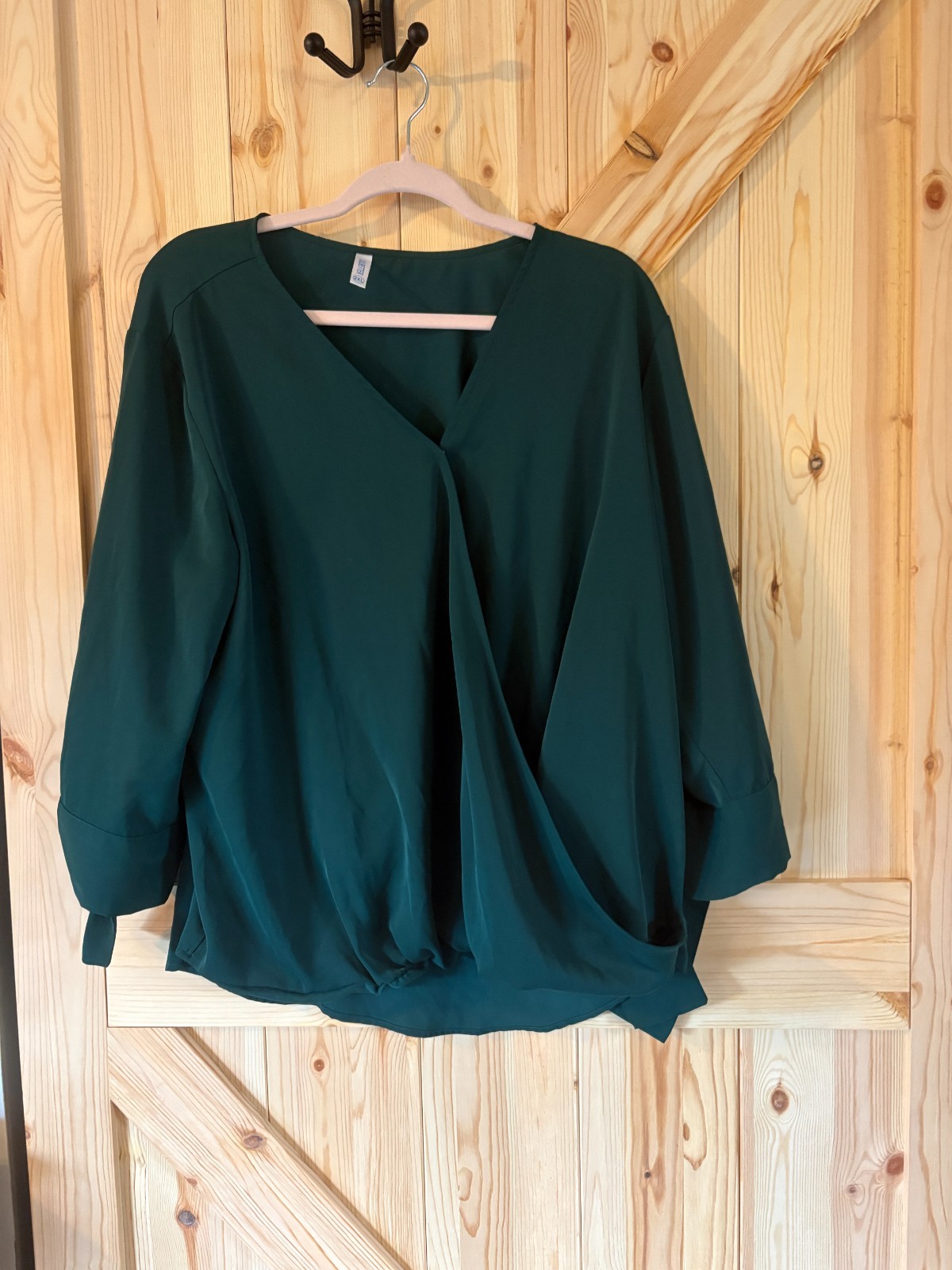 Womens Green Wrap Blouse Long Sleeve Tie Cuff V Neck Flowy Top