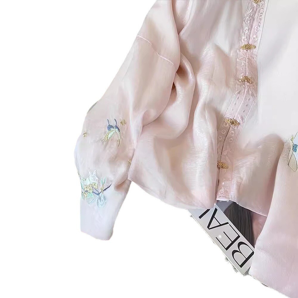 Womens Chinese Style Long Sleeve Shirts Floral Embroidery Stand Collar Thin Tops