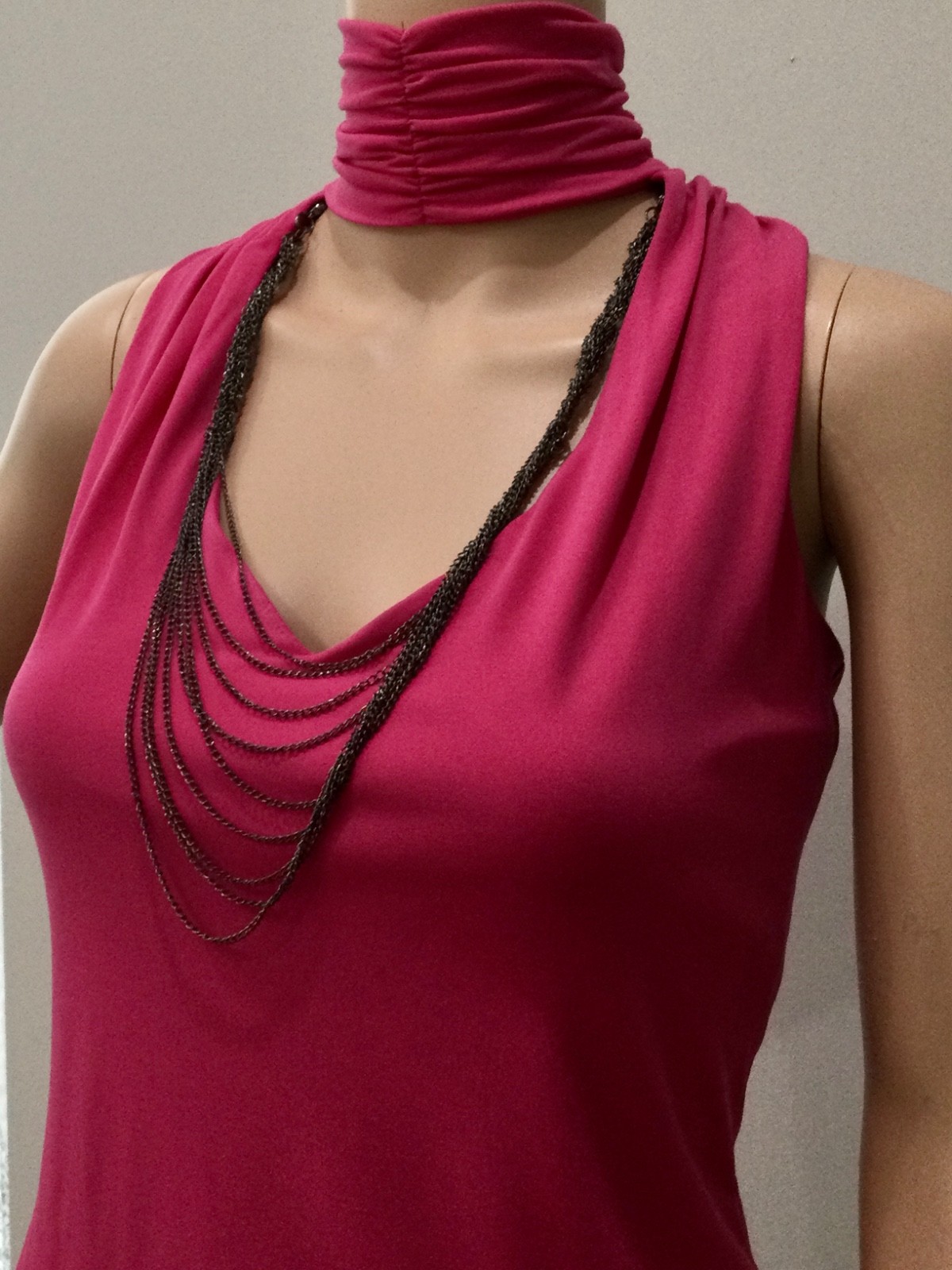 Bisou Bisou Pink Ruched Mock Neck Top Chain Detail Open Back Y2K Glam Size M