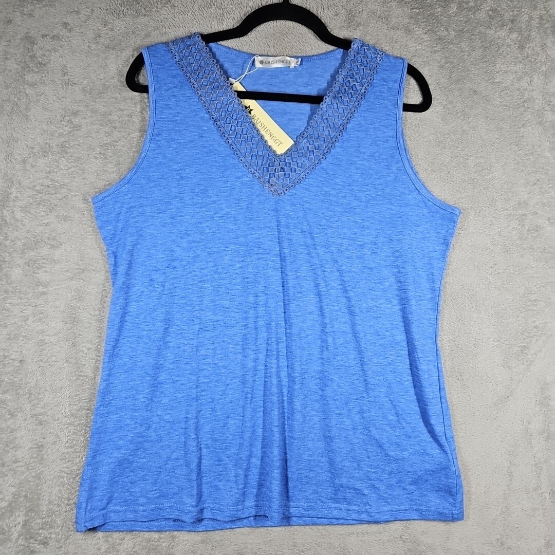 Baishenggt NWT Women Blue Tank Top, Crochet V-Neckline Pullover Stretch Size XL