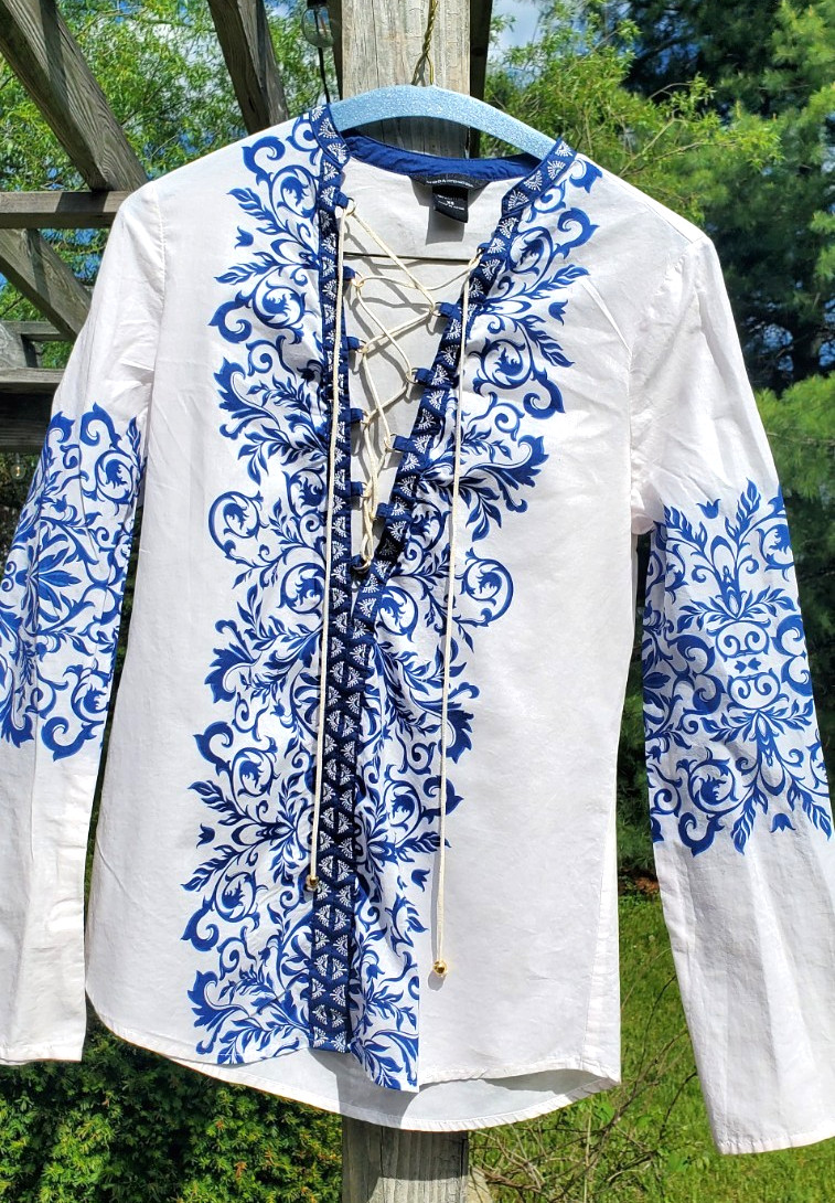 Moda International White & Blue Embroidered Ribbon Lace Up Cotton Tunic Size XS