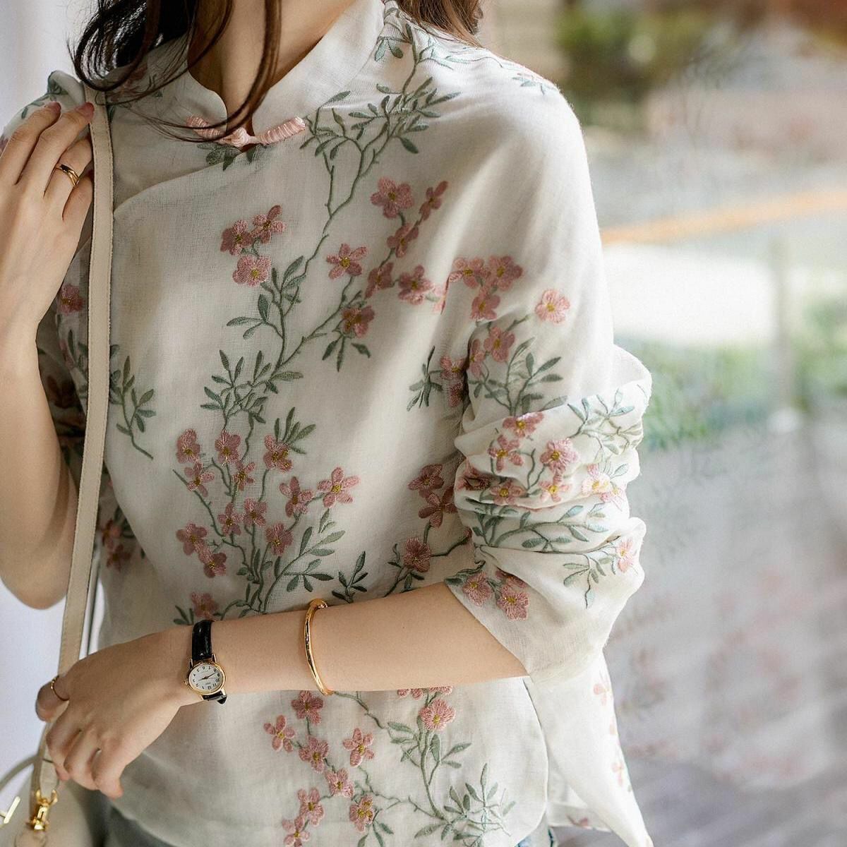 Womens Chinese Style Embroidery Floral Qipao Tops Long Sleeves Cheongsam Shirts