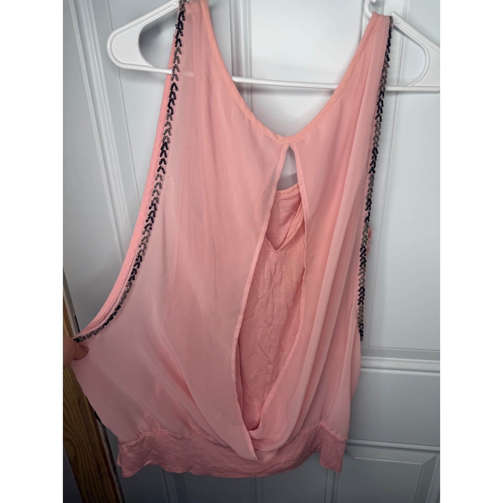 Peach Beaded Trim Chiffon Overlay Sleeveless Blouse Keyhole Back Top L