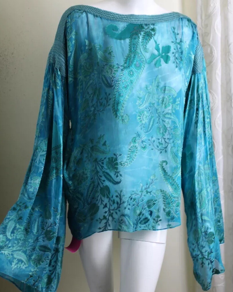 NWT Emanuel Ungaro Paris 40 44 Teal Green Burnout Blouse Tunic Top Devore M L