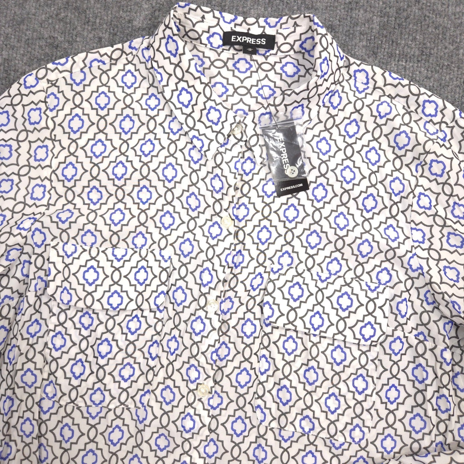 Express The City Shirt Womens M Blue Geometric Lightweight Roll Tab Sleeve NEW