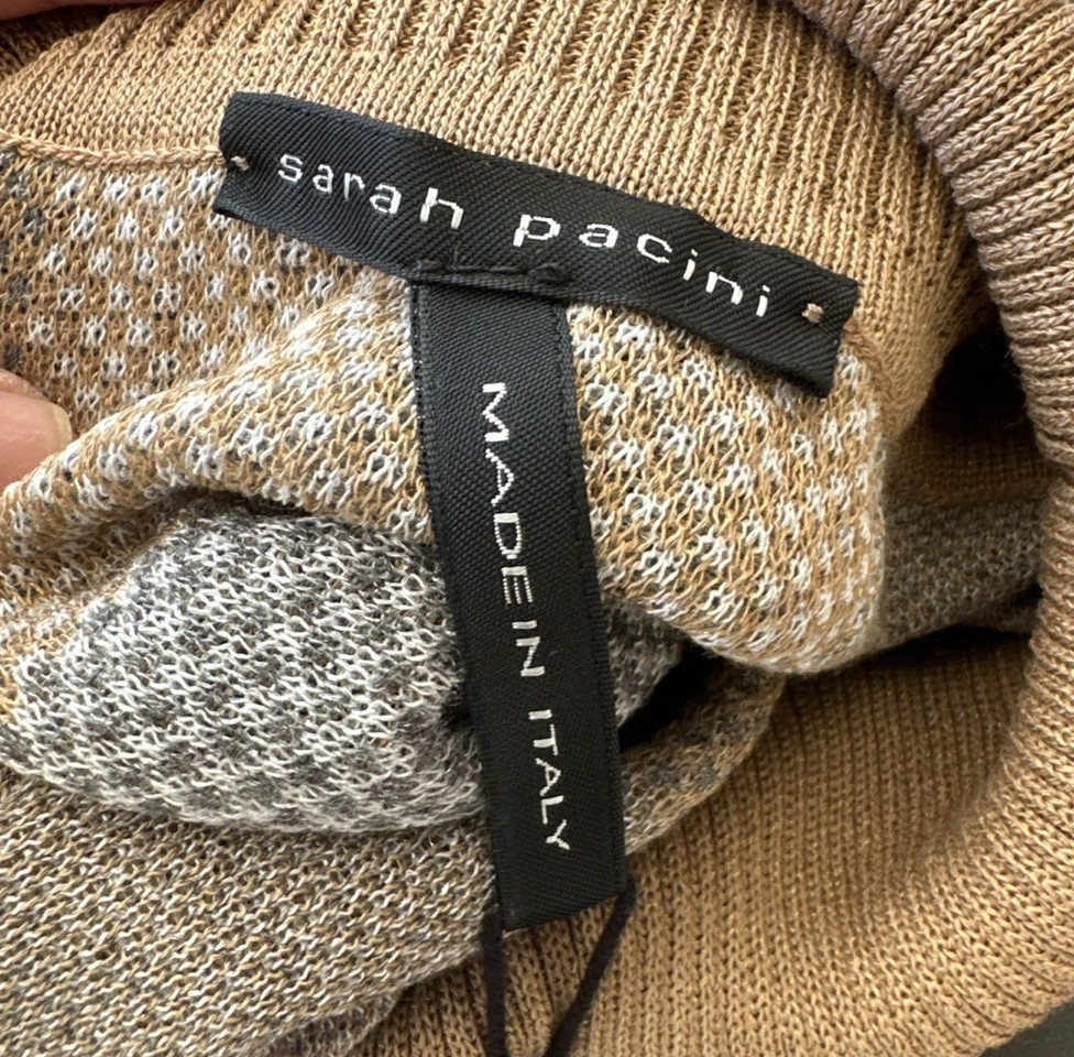 SARAH PACINI CHECK PRINT LIGHT KNIT SLEEVELESS TURTLENECK TOP STRETCH 1 Sz NWT