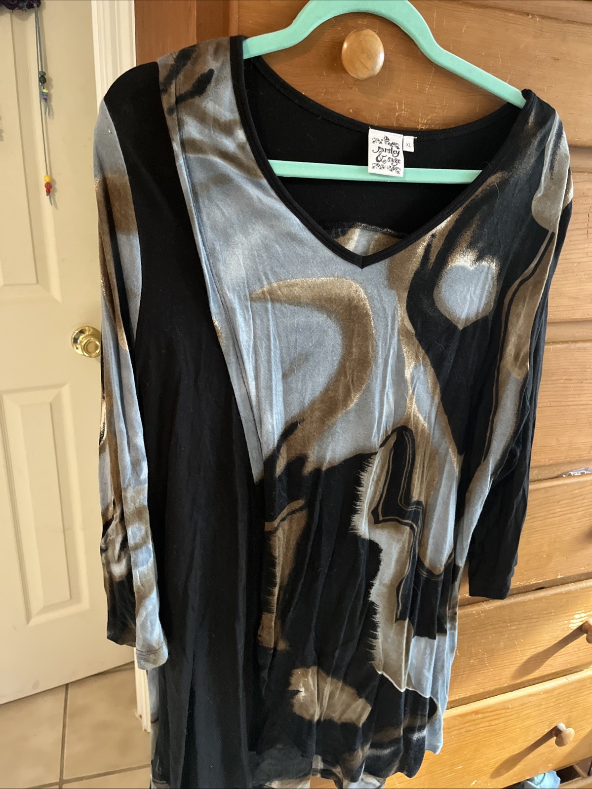 Parsley and Sage White Tunic Blouse Size XL Black Brown Blue Swirl