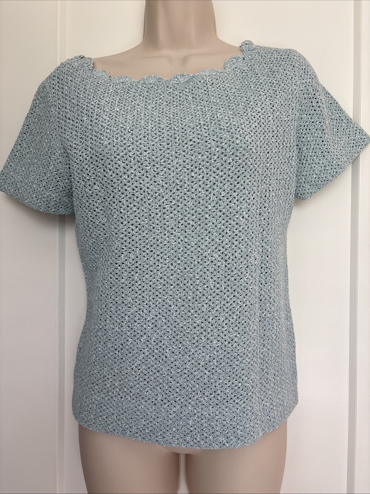Linen Rayon Blue Sweater Top Scallop Neckline Vintage Woven Shirt Kimberly