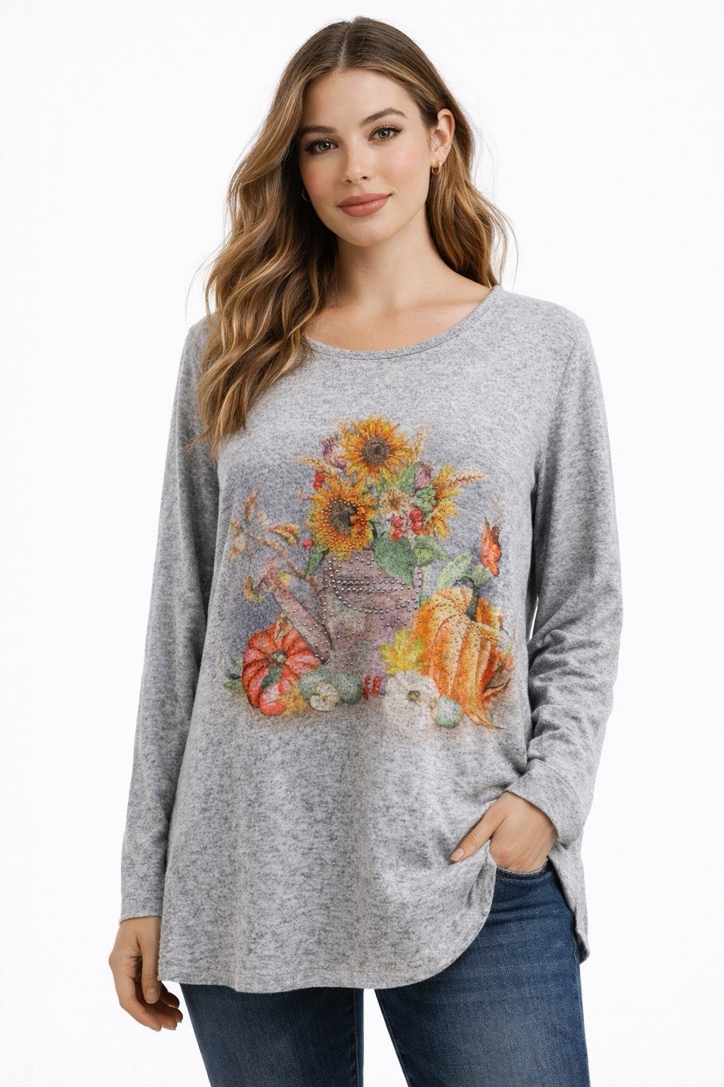 One World Women’s L Gray Harvest Sunflower Pumpkin Graphic Long Sleeve Tunic Top
