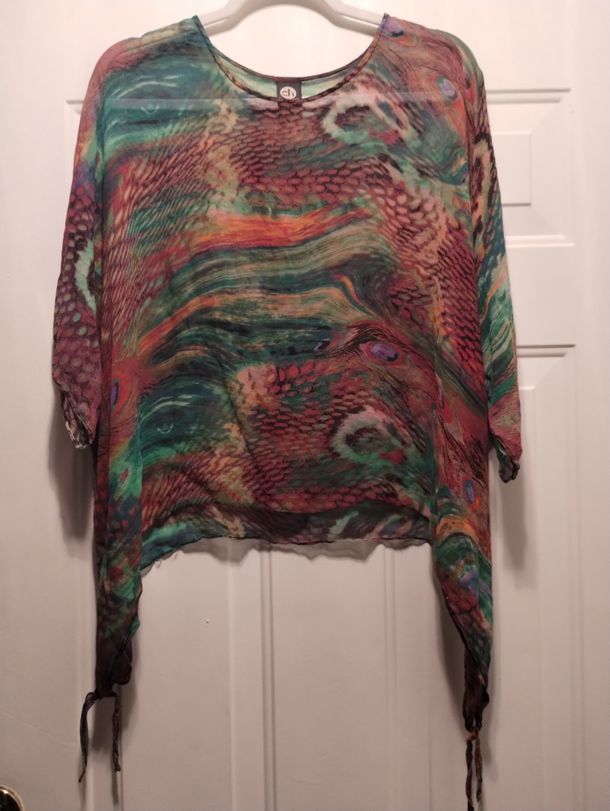 Cocoon House 100% Silk Multicolor Peacock Blouse Sheer Flowy Top Size L/XL