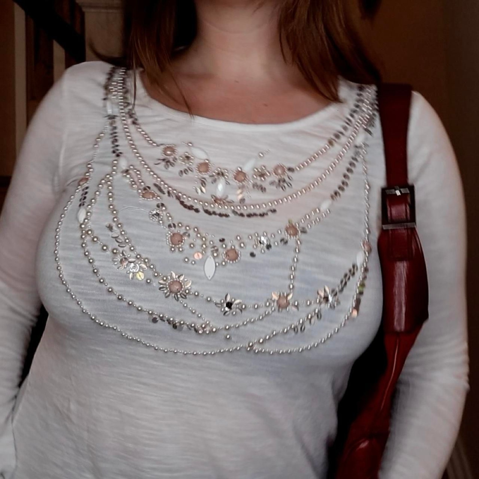 White Necklace Embellishment Long Sleeve Top Sz Medium Sequins Whimsigoth Y2K