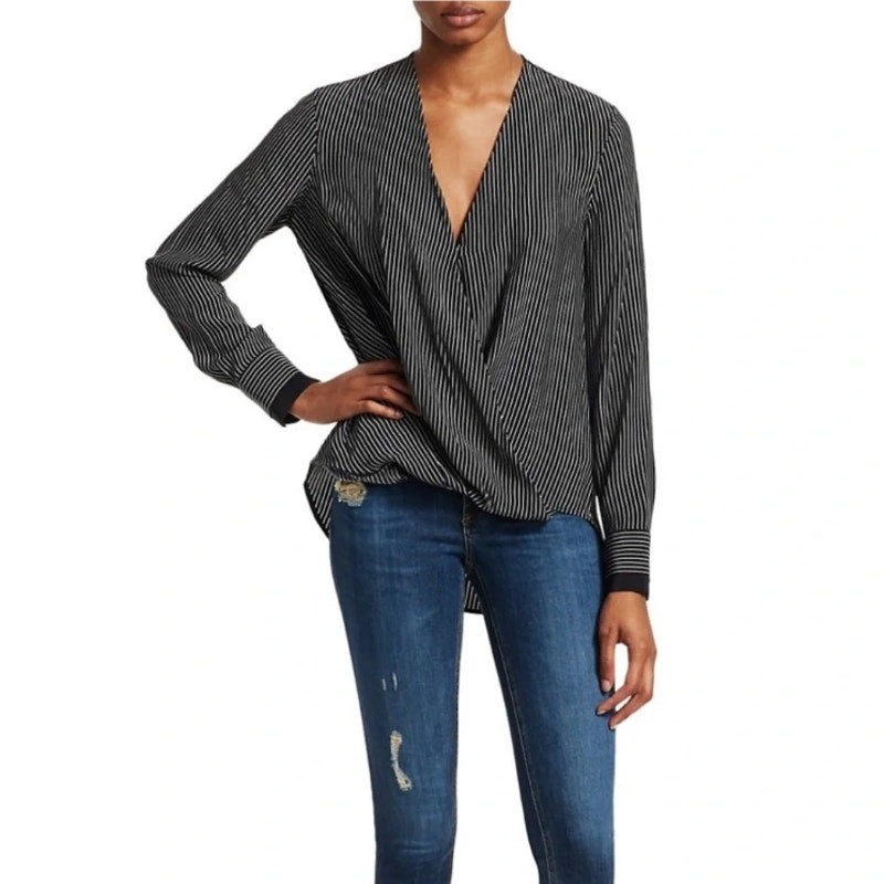 Rag & Bone Victor Blouse 100% Silk Black White Stripe Size Medium