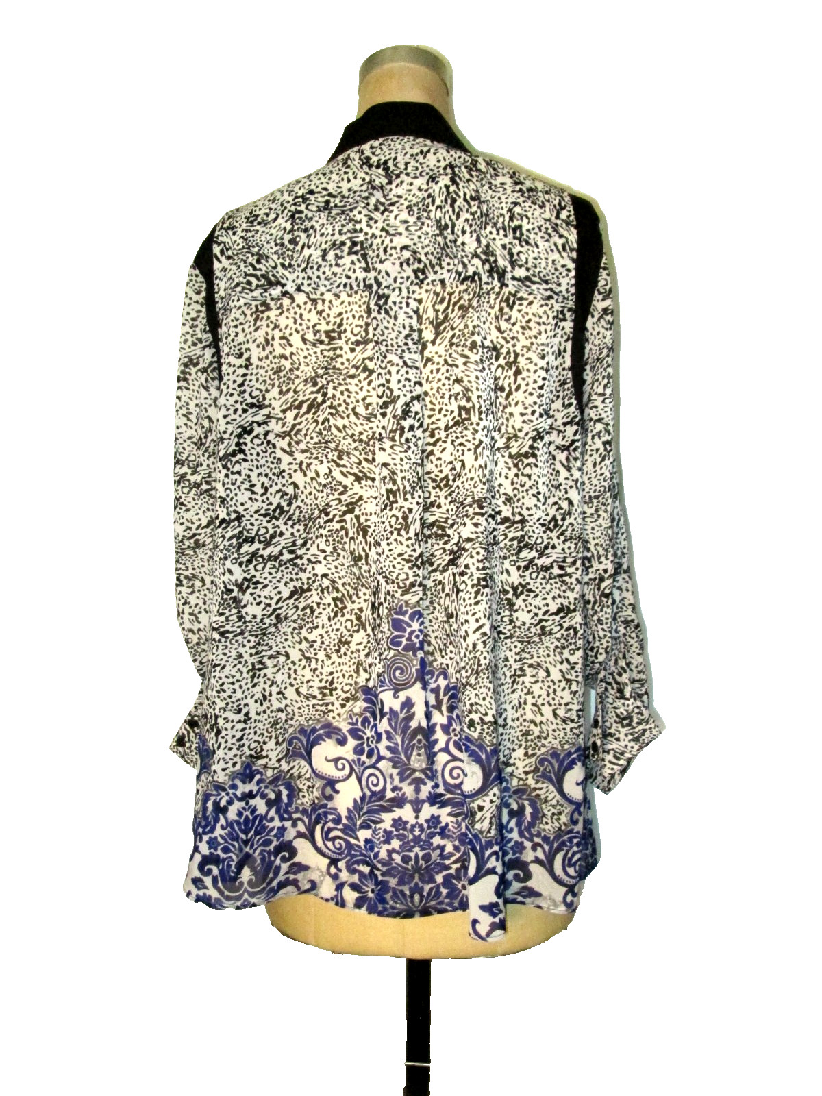 NICOLE MILLER BLACK/WHITE/PURPLE L/S TUNIC TI-BACK SLV SZ XL EXC COND! LITEWGT!