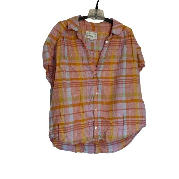 American Eagle Pink Orange Plaid Short Sleeve Button Down Shirt Womens Small