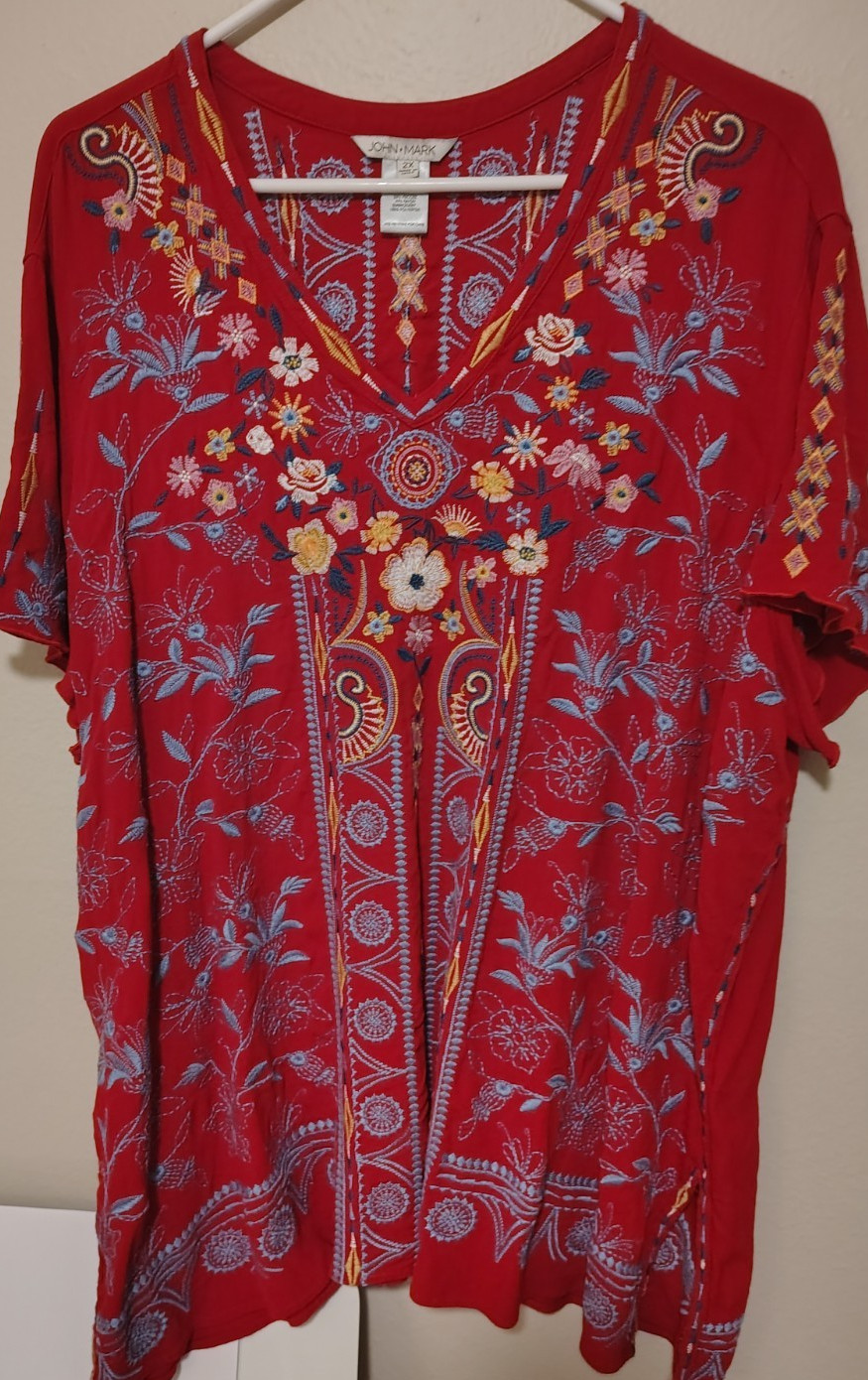 John Mark Red Embroidered Tunic Top Size 2X Boho Peasant Blouse Cotton Blend