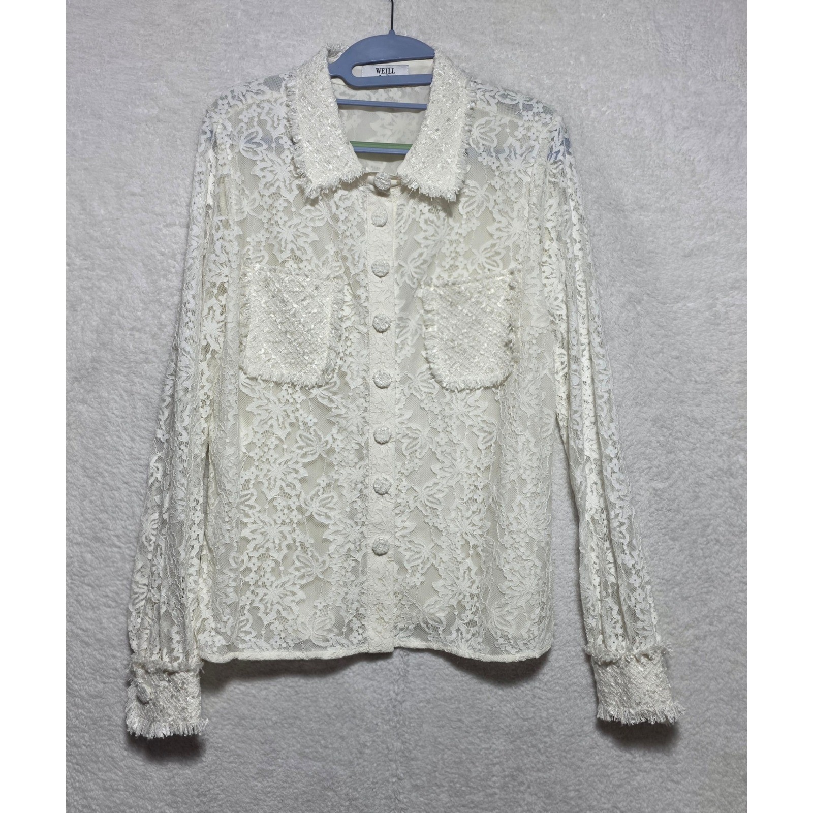 WEILL Paris Floral Lace Button Down Shirt Tweed Fringe Trim Cream Size 42 (10US)