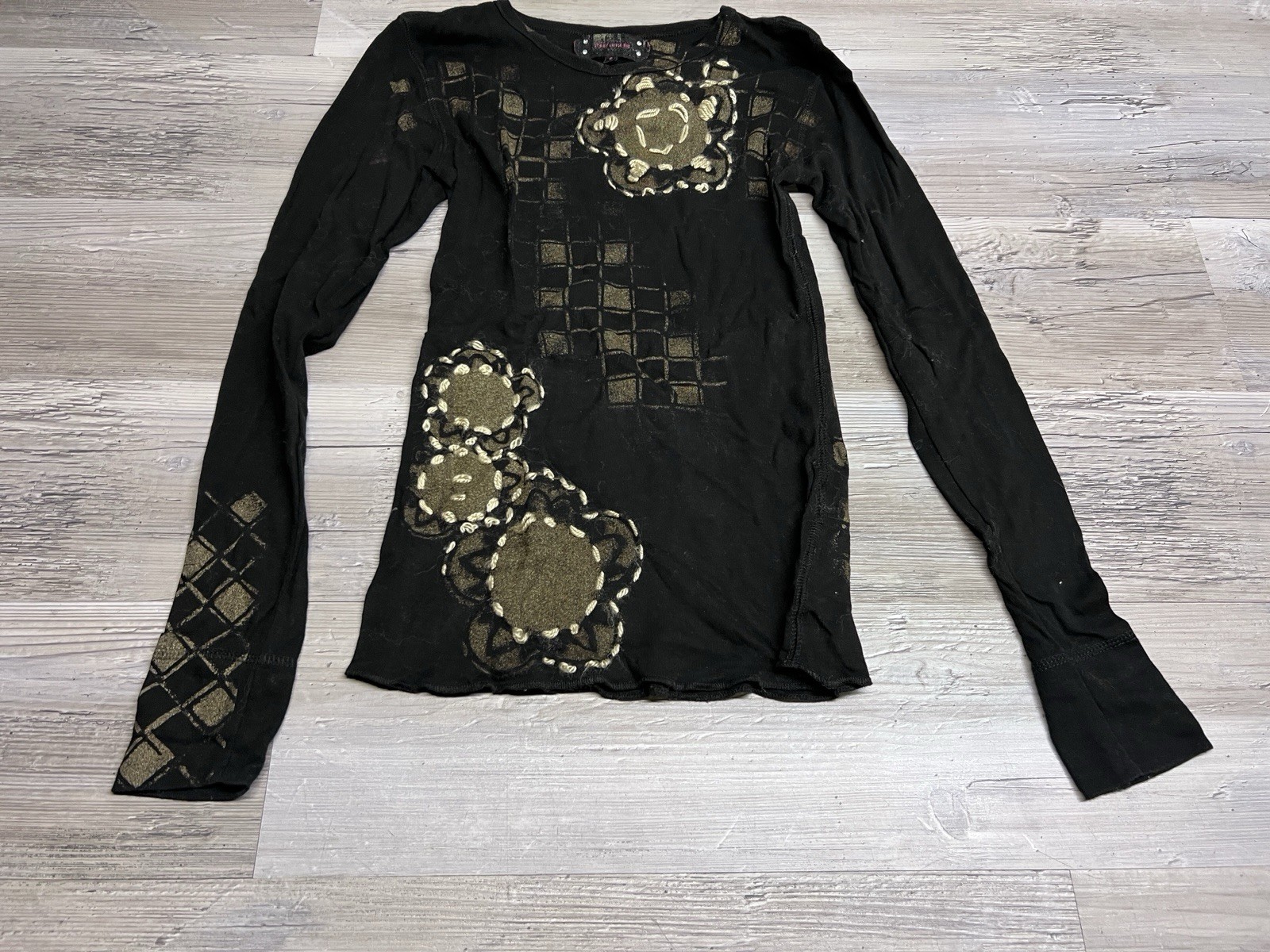 Vintage Y2K LTB Little Big Black Gold Floral Appliqué Geometric Print Top S