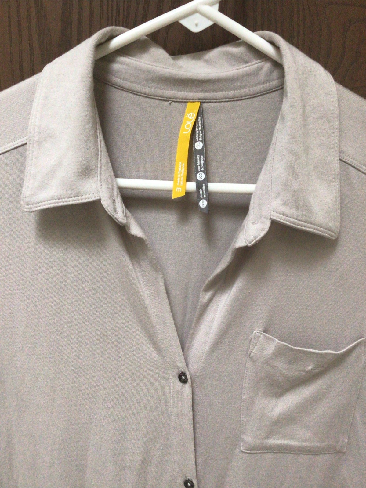 Lole eco stretch tunic top beige gray logo, button down collared, sz M