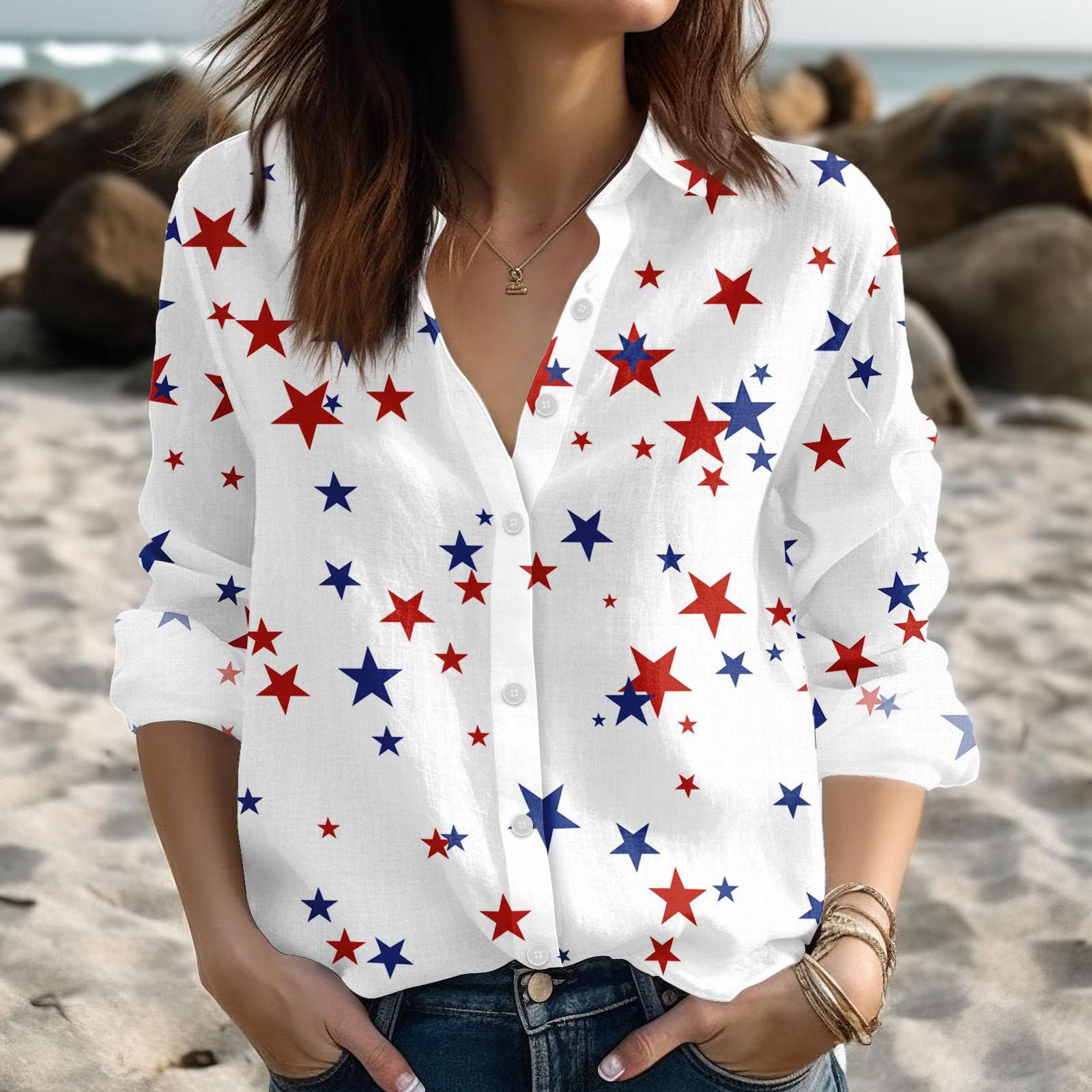 Crisp Red White Blue Star Blouse Women Patriotic 4th Of July Top
